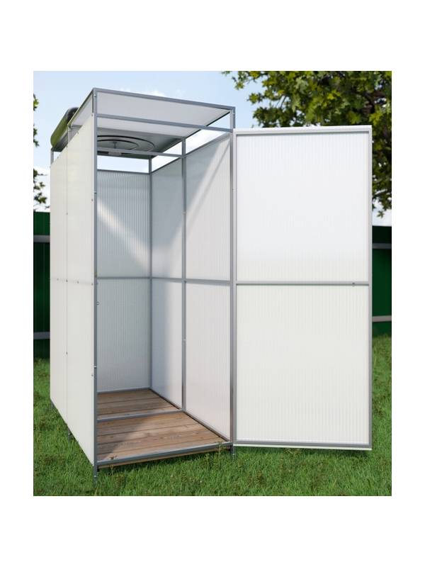 Душевая кабина "Агросфера" с тамбуром, баком на 150 л без подогрева и обшивкой (каркас из оцинкованной трубы 20х20 мм)