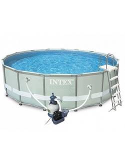 26324 Каркасный бассейн Ultra Frame 488х122см , Intex + песочный фильтр-насос 4500л\ч, лестница, тент, подстилка