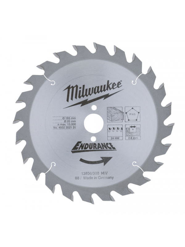 Диск пильный по дереву D 165х20х2,6 мм 24Z для циркулярной пилы MILWAUKEE