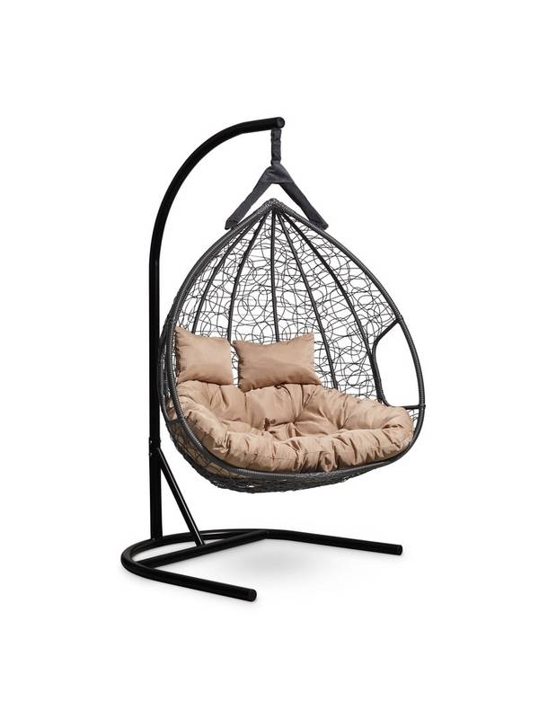 Подвесное двухместное кресло-кокон FISHT черный кокон+бежевая подушка